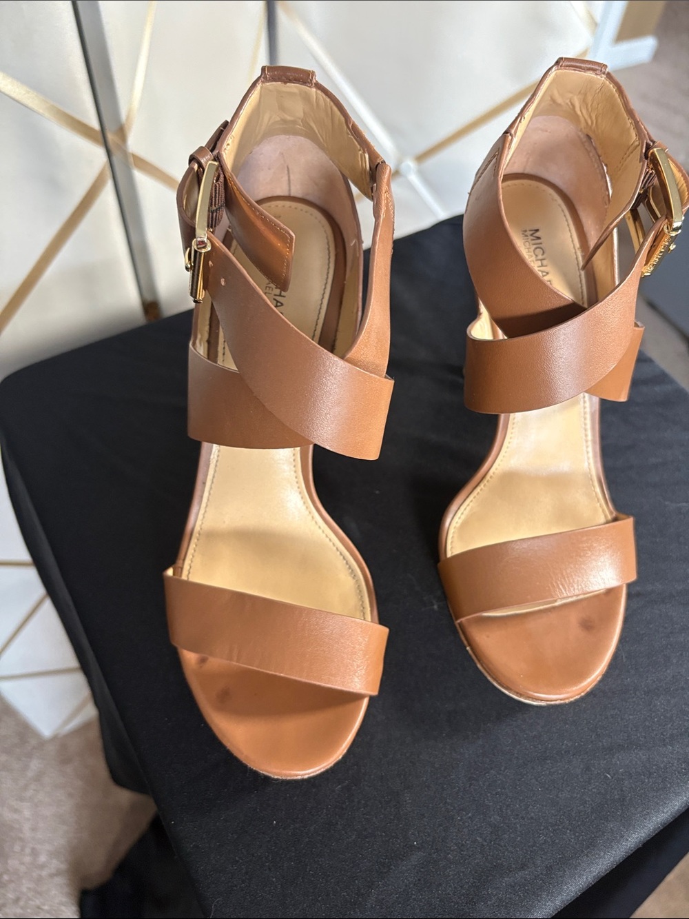 Michael Kors Cognac Cross-Strap Leather Heels